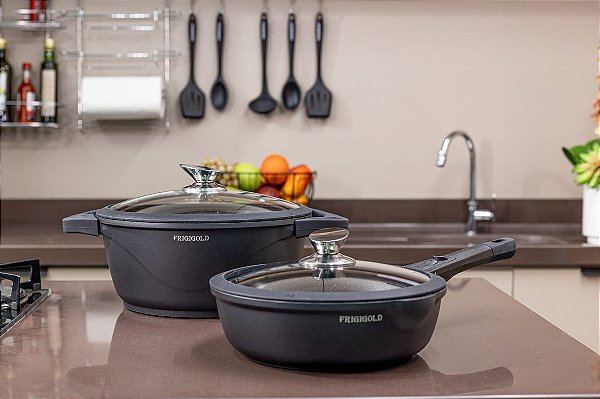 Kit Frigideira Wok 24cm + Panela 28cm + 2 Tampas Super Resistentes Frigigold - NOVOS MODELOS